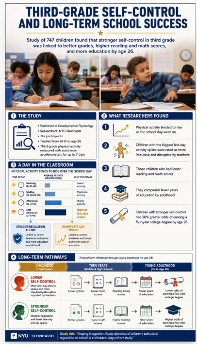 A portrait education research graphic showing how third-grade self-control, classroom behavior, and late-day activity patterns were linked to grades, test scores, and educational outcomes by age 26.