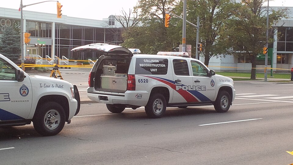 Toronto Police CRU vehicles at the scene of a large accident in North York in 2014