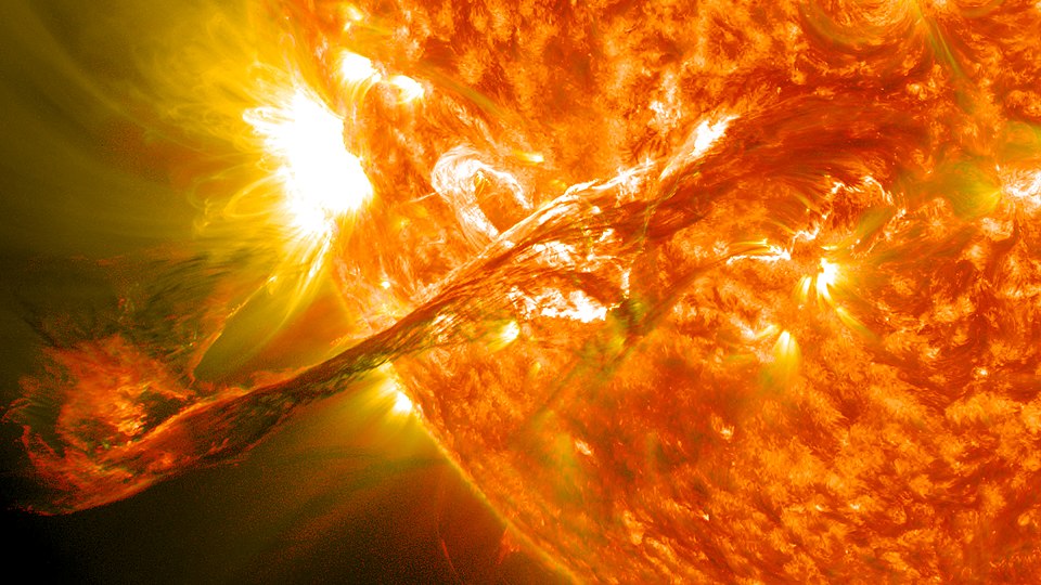 On August 31, 2012 a long filament of solar material that had been hovering in the sun's atmosphere, the corona, erupted out into space at 4:36 p.m. EDT. The coronal mass ejection, or CME, traveled at over 900 miles per second. The CME did not travel directly toward Earth, but did connect with Earth