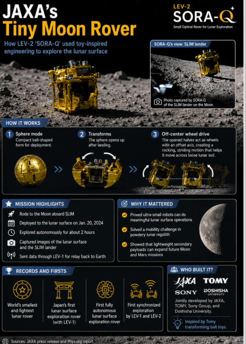JAXA’s LEV-2 SORA-Q rover used toy-inspired transformation technology to explore the lunar surface, capture images of SLIM, and prove tiny robots can support future Moon and Mars missions.