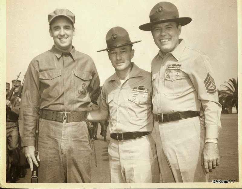 On site of the filming of Gomer Pyle, USMC at the U.S. Marine Corps Recruit Depot (MCRD) San Diego, California 92140 with Gomer Pyle (Jim Nabors), USMC Technical Advisor (Senior Drill Instructor Edwin J. Kues), GySgt Carter (Frank Sutton)