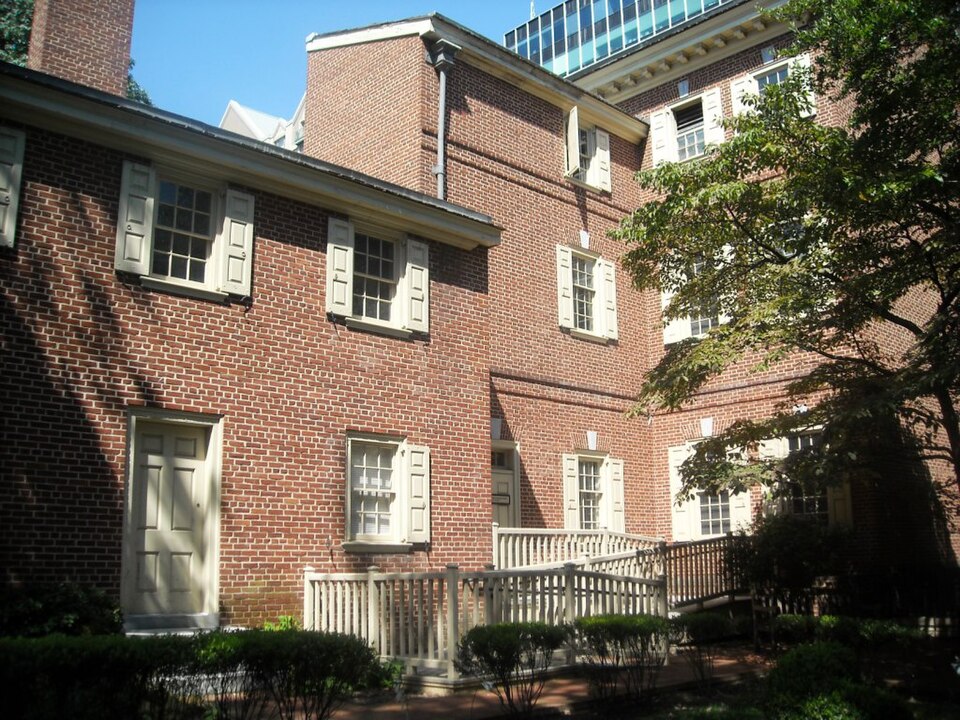 The east side of Pemberton House, a reconstructed building in Carpenters Court in Independence National Historical Park in Philadelphia