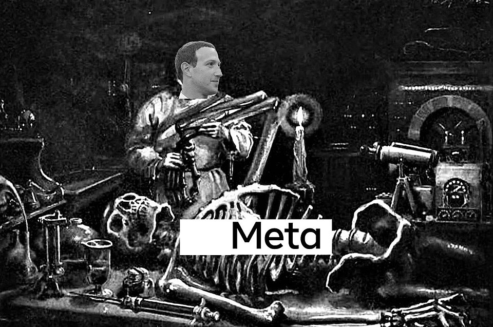 A picture depicting Mary Shelley's "Frankenstein" with Mark Zuckerberg's head on Dr. Frankenstein's body and "Meta" on the bones of the monster. Picture of Zuckerberg taken from File:President Trump Meets with Mark Zuckerberg (48765153148).jpg and the background image from File:Frankenstein, pg 7.jp