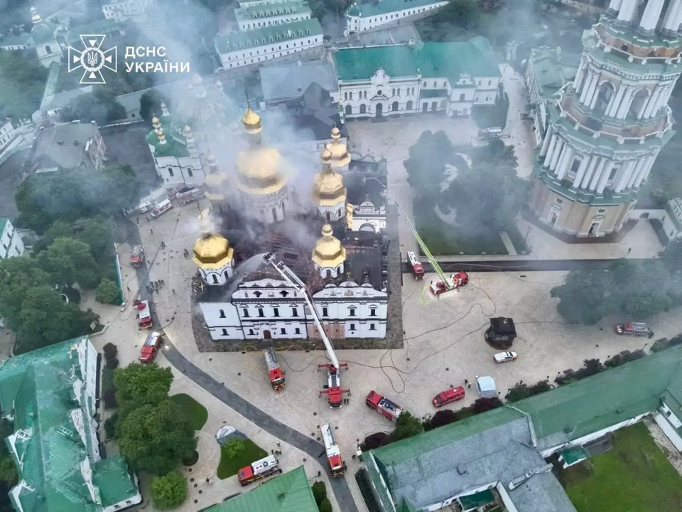 Dormition Cathedral of the Kyiv Pechersk Lavra in Kyiv, Ukraine after fire was extinguished following the attack on 15 June 2026
