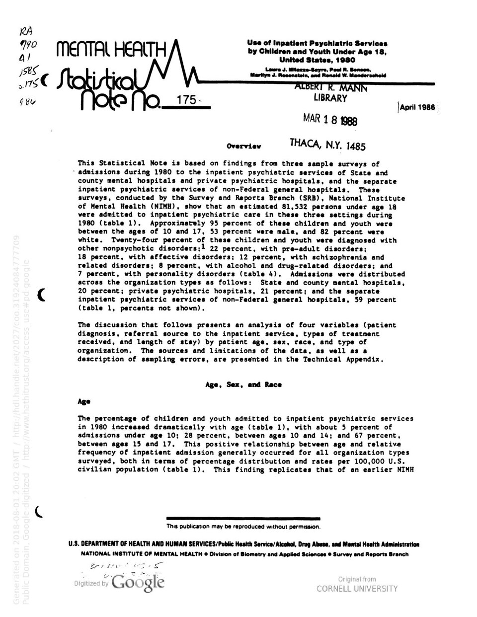 Use of Inpatient Psychiatric Services by Children and Youth Under Age 18, United States, 1980