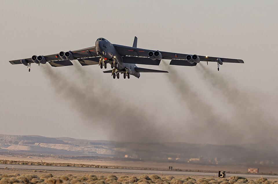 A modified B-52H Stratofortress departs Edwards Air Force Base for an evening training mission on June 25, 2025. The aircraft is assigned to the 419th Flight Test Squadron, Global Power Bombers Combined Test Force, tasked with supporting developmental testing across the B-52, B-1, and B-2 bomber por