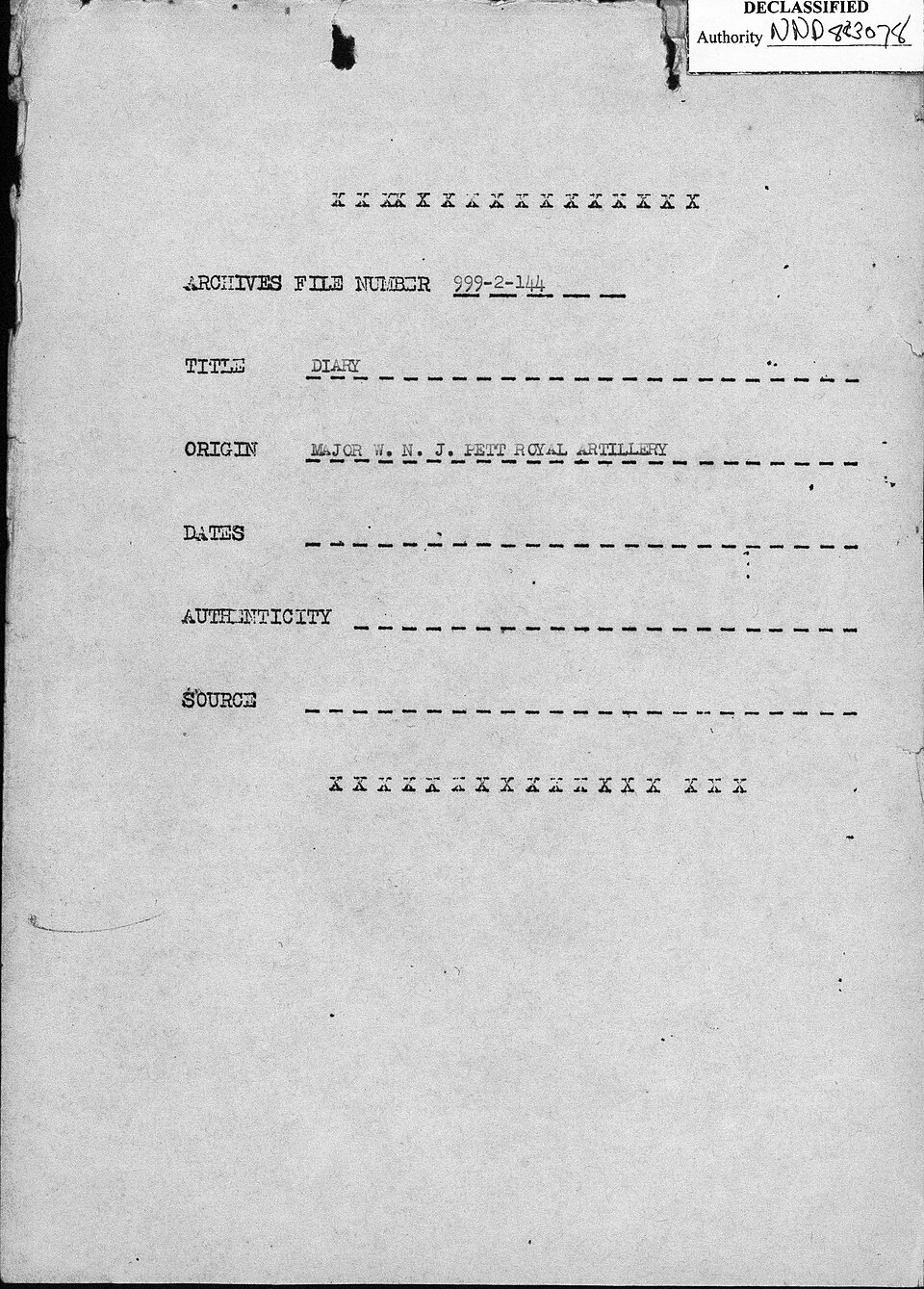 File "Diary, Major W.N.J. Pett Royal Artillery, Folder 13," file code 999-2-144.File "Diary, Major W.N.J. Pett Royal Artillery, Folder 13," file code 999-2-144 - NARA - 12446476 (page 2)