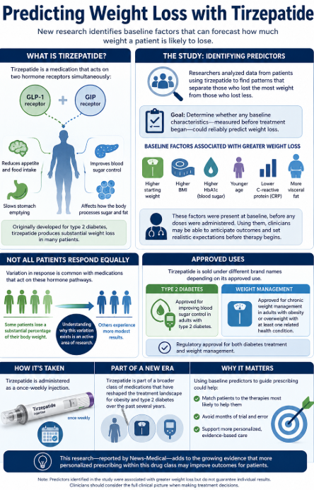 New research suggests baseline patient factors may help predict weight loss outcomes with tirzepatide, supporting more personalized treatment planning.