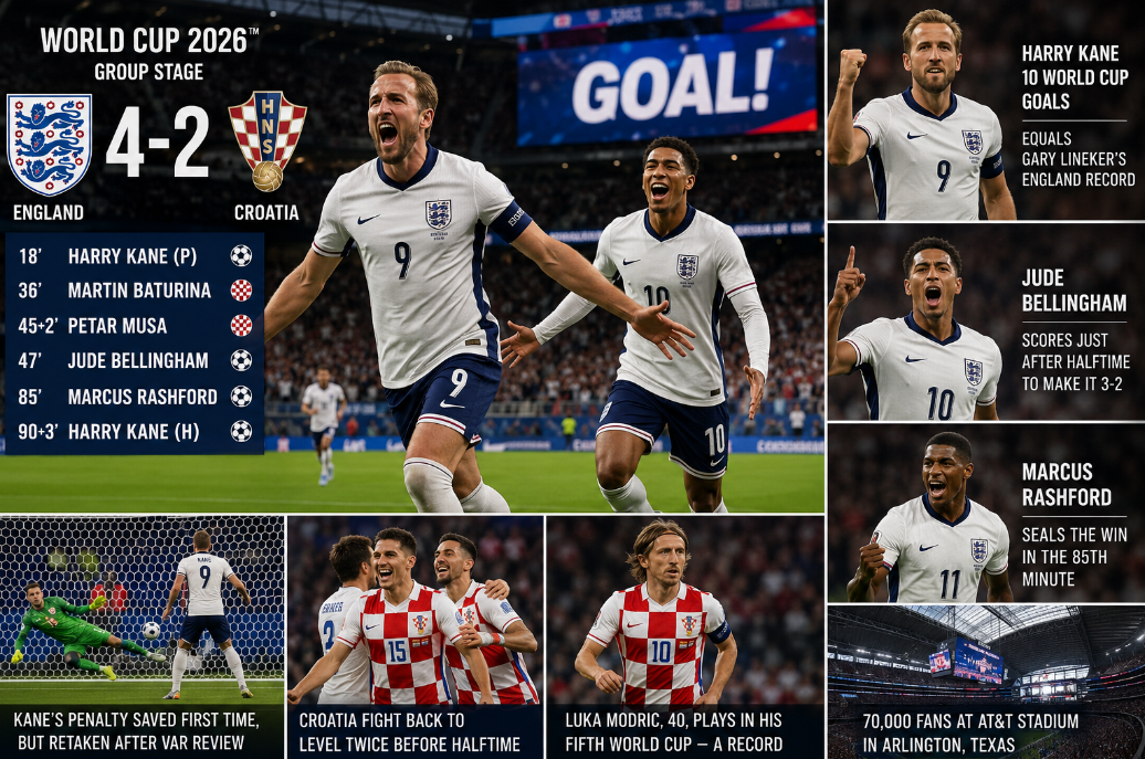 Harry Kane scored twice, Jude Bellingham added a second-half goal, and Marcus Rashford sealed England’s 4-2 World Cup win over Croatia in Texas.