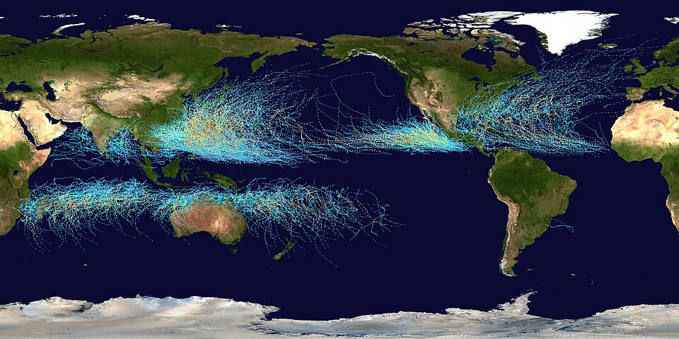 This map shows the tracks of all Tropical cyclones which formed worldwide from 1985 to 2005. The points show the locations of the storms at six-hourly intervals and use the color scheme shown to the right from the Saffir-Simpson Hurricane Scale. However, remnants of the storms are not shown as trian