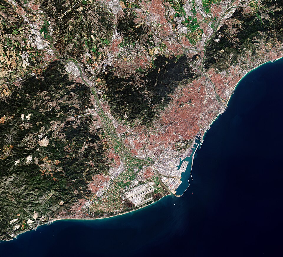 The Copernicus Sentinel-2 mission takes us over Barcelona – the second largest city in Spain.On the northeast coast of the Iberian Peninsula, Barcelona occupies a low plateau along the Mediterranean coastal plain. The city and its red roofs contrast with the forested hills and the sea that surround