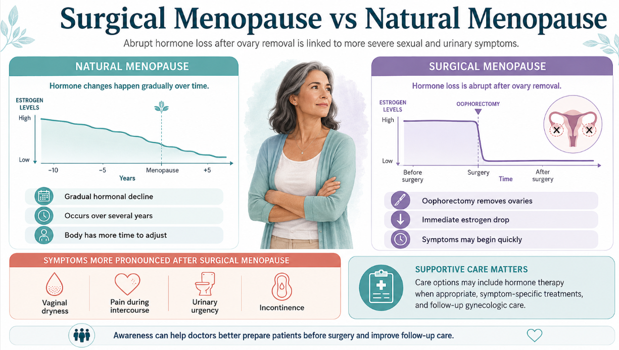 Women who experience surgical menopause after ovary removal may face worse sexual and urinary symptoms than women who go through menopause naturally.