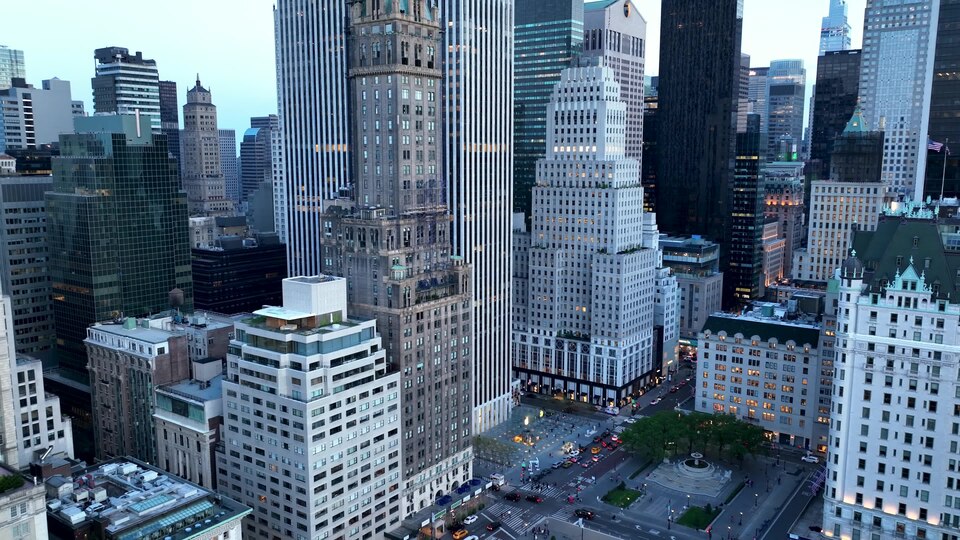 Aerial views of Central Park in spring, Billionaires Row, Robot Heart Concert, Horse Carriage, Bike Riding, The Essex House and Columbus Circle, New York City, USA.