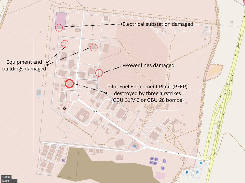 The locations of Israeli airstrikes on the Iranian Natanz Nuclear Facility, during Operation Rising Lion during the Iran–Israel war in June 2025.