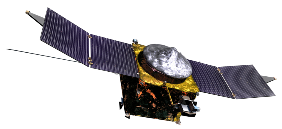 Artist's rendering, from NASA, of the MAVEN spacecraft in its in-flight configuration. Employing the use of a medium-sized spacecraft to orbit the planet mars, the specialised mission studies the chemistry of the planet's atmosphere, searching for evidence of past or present life on Mars and better
