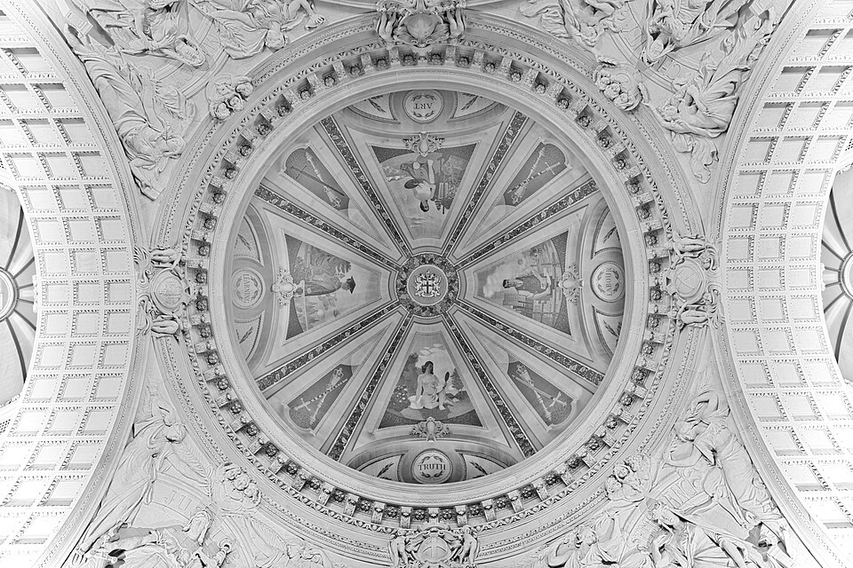 Here is a photograph taken looking of the dome ceiling in the Grand Hall of the Central Criminal Court (The Old Bailey).  Taken with kind permission of the administration.  NOT to be used commercially.  Located in London, England.
