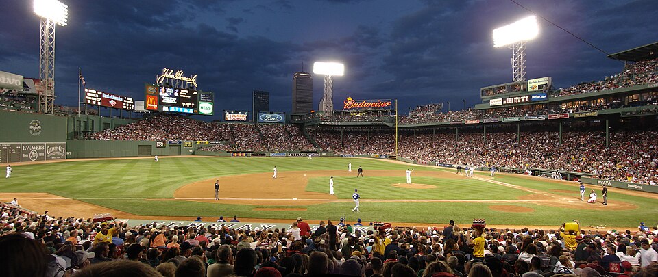 Fenway Park at dusk, taken at 7:38 PM on July 2, 2007. The Red Sox were playing the Texas Rangers, and won 7-3.