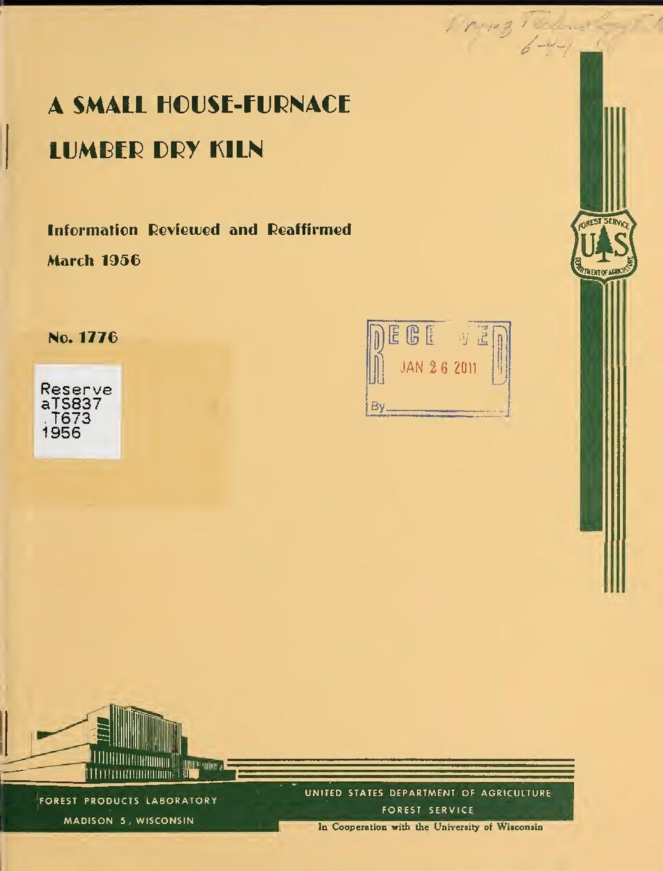 Caption title
"March 1956"--Cover
"Information reviewed and reaffirmed"--Cover
"In cooperation with the University of Wisconsin"--Cover
Subjects: Lumber Drying; Kilns