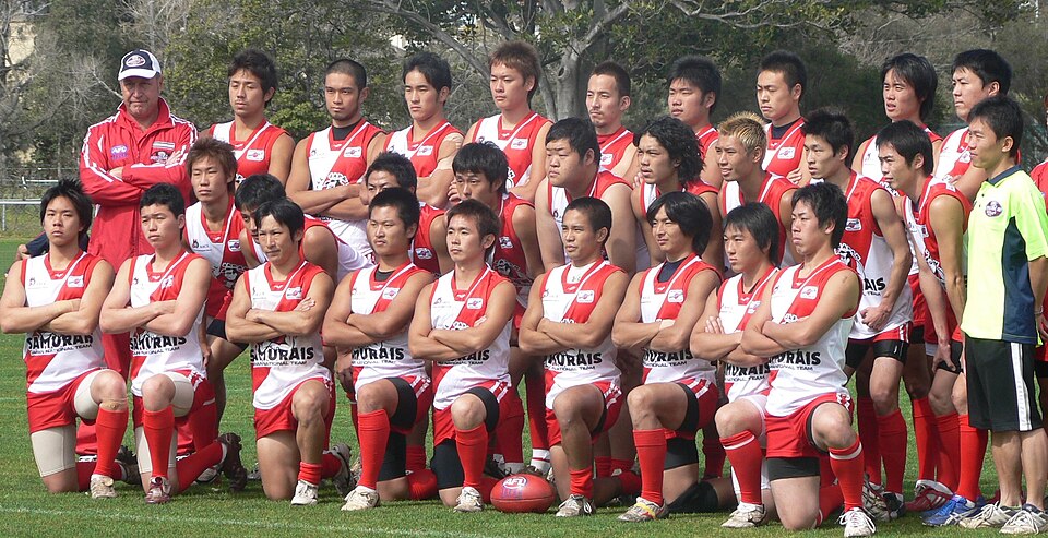 Japan's national Aussie Rules team lines up for team photo at the 2008 International Cup