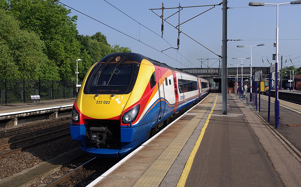 East Midlands Trains Meridian DEMU 222022 departs Bedford with a Nottingham-London service.