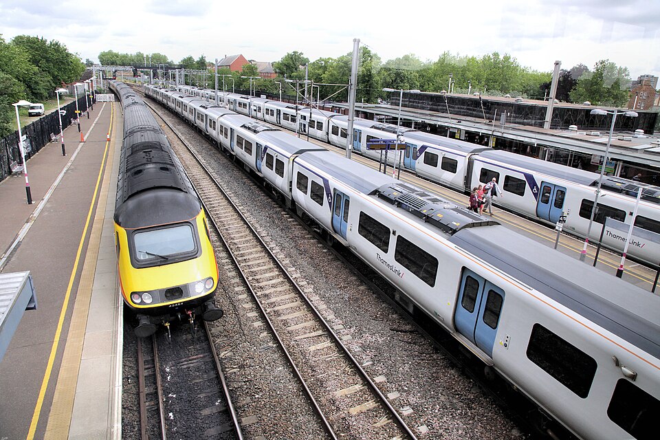 This image taken before the overhead electric cables were erected on the express lines as part of the electrification of the line to Corby.