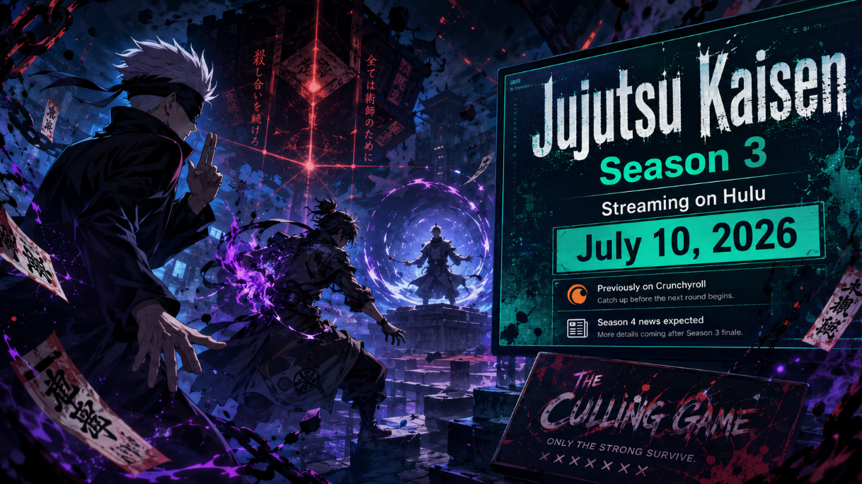 Jujutsu Kaisen Season 3 arrives on Hulu on July 10, 2026, giving fans another way to stream the Culling Game arc after its Crunchyroll debut.