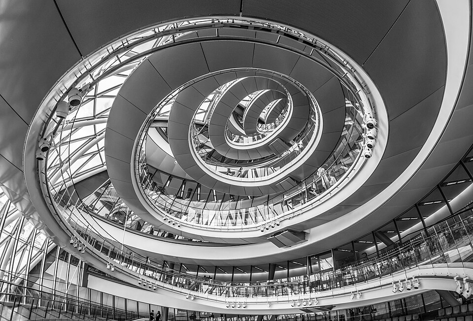 Looking up at the spiral staircase in City Hall, London.