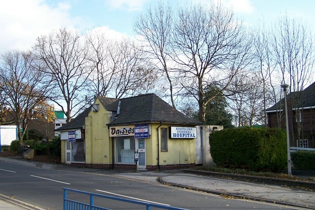 Herries Road Lodge, Northern General Hospital, Sheffield. This building near to the Herries Road entrance was originally a Security Lodge where visitors would report. Note the Hospital Sign in the side wall. When it was no longer required for security one half was used as a Flower Shop and (I think)