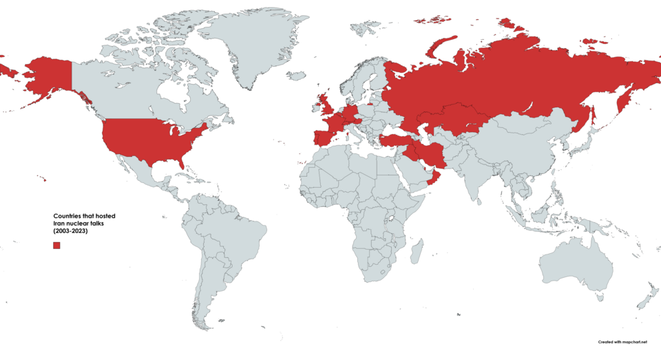 English (en): Map showing countries where Iran nuclear talks where hosted between 2003 and 2023
  Host countries
Including: Iran (Tehran), Belgium (Brussels), France (Paris), Switzerland (Geneva and Lausanne), Germany (Bonn), the United Kingdom (London), Spain (Madrid), Portugal (Lisbon), Turkey (Is