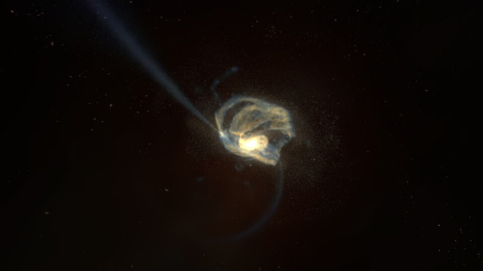 A simulation of two spiral galaxies undergo a protracted crash lasting two billion years, eventually merging into a single elliptical galaxy. Credit: NCSA/NASA/B. Robertson (Caltech) and L. Hernquist (Harvard Univ.)
You can download this video: http://svs.gsfc.nasa.gov/vis/a010000/a010600/a010687/in