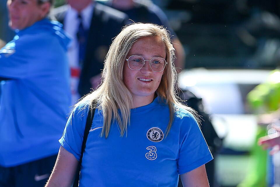 Erin Cuthbert arriving for the Barclays Women's Super League football match between Chelsea and Liverpool at Stamford Bridge stadium on 10 May 2025.