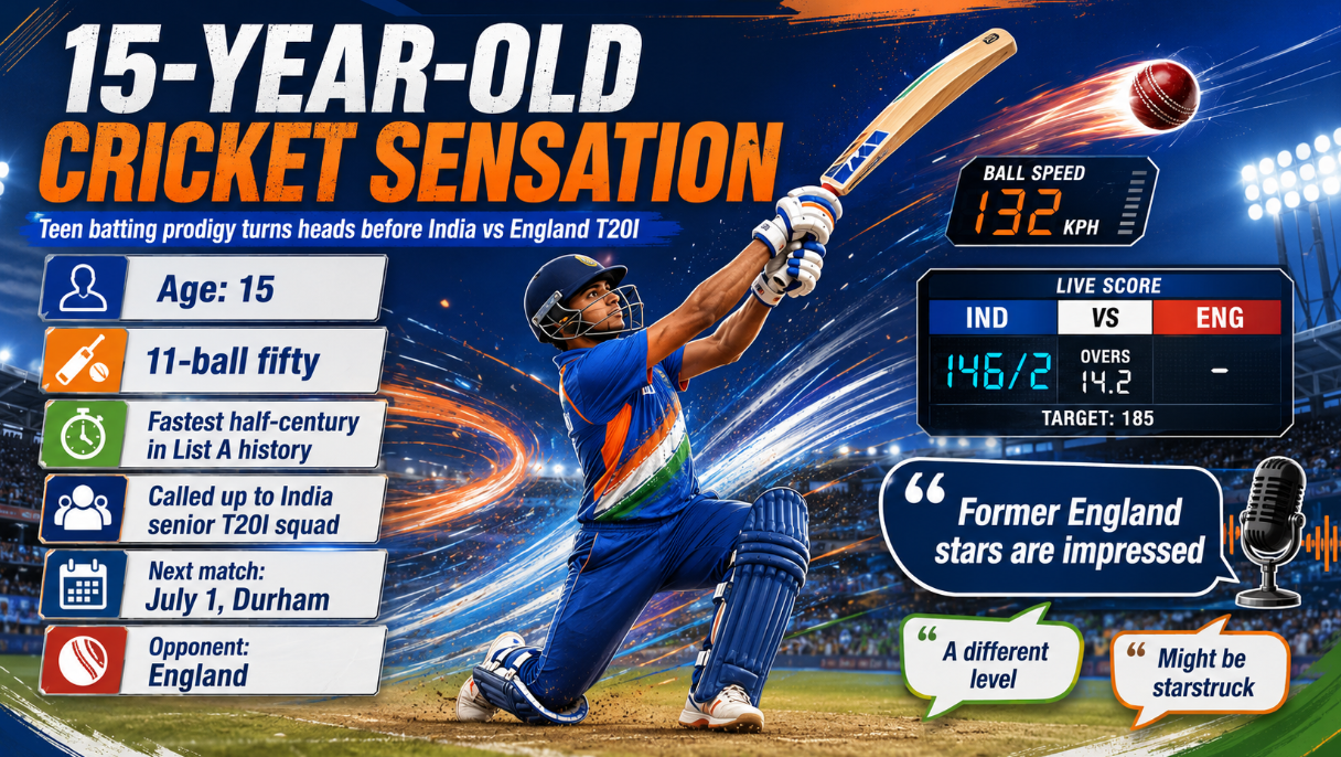 A dynamic sports infographic showing a teenage Indian cricket sensation after an 11-ball fifty, senior T20I call-up, and rising attention before India’s match against England.