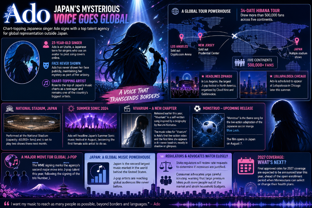 A vibrant entertainment infographic showing Ado’s global rise, including her WME signing, mysterious faceless persona, international tour success, major festival appearances, and growing J-pop influence.