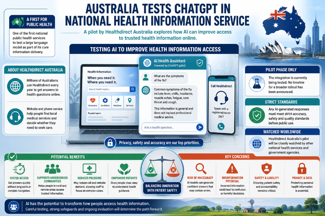 An infographic showing Healthdirect Australia’s pilot integration with ChatGPT, highlighting AI health information access, safety standards, rural support, and misinformation concerns.