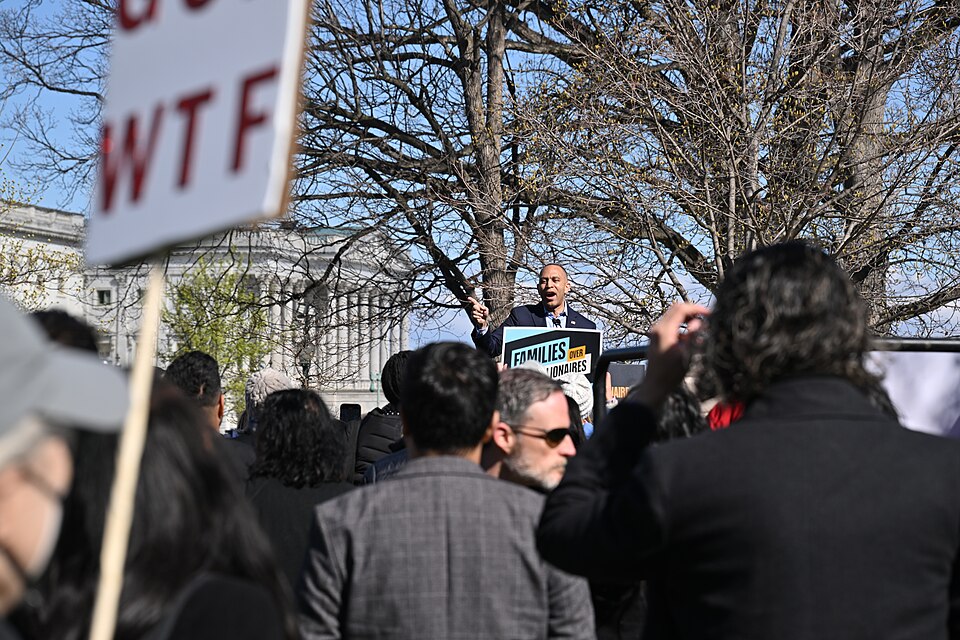 Congressman Hakeem Jeffries (Democrat, New York) speaks at the "Welcome Back Congress" rally hosted by the group Families Over Billionaires on March 26, 2025 outside the U.S. Capitol in Washington, DC.