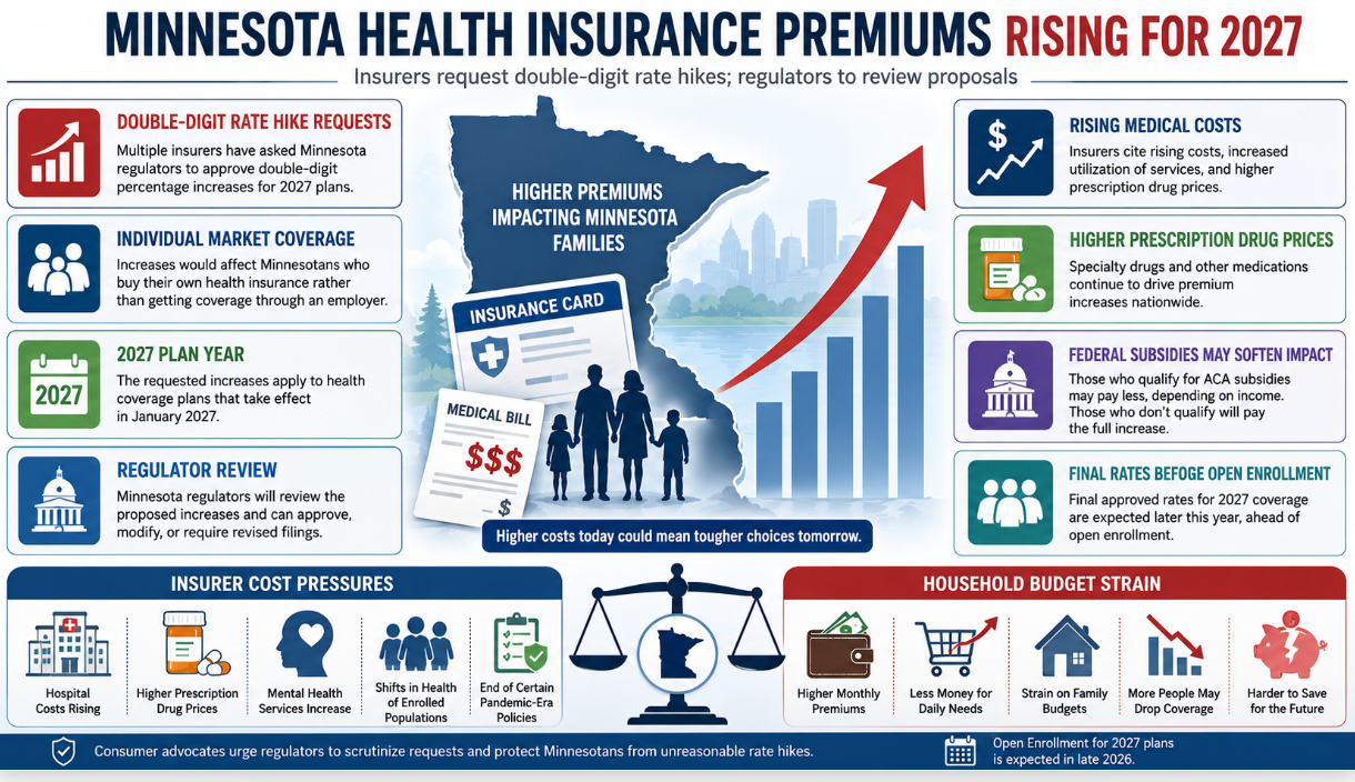 A healthcare finance infographic showing proposed Minnesota health insurance premium hikes for 2027, including regulator review, rising medical costs, prescription drug prices, subsidies, and household budget concerns.