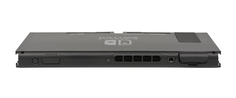 The Nintendo Switch, a hybrid portable/home console released by Nintendo in 2017.  This picture shows the main console with the Joy-Con controller unattached.