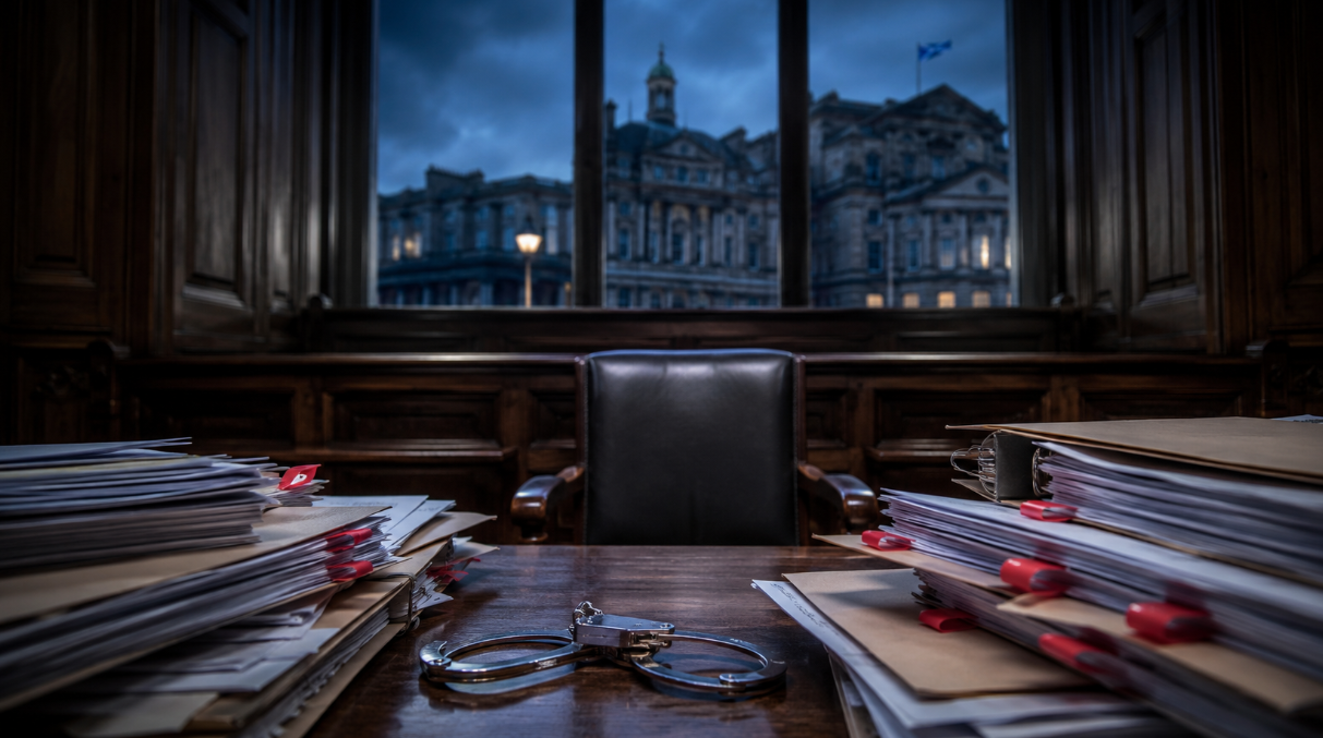 A somber editorial courtroom image showing an empty defendant’s chair, handcuffs, and stacks of flagged financial records, symbolizing a major political embezzlement case.