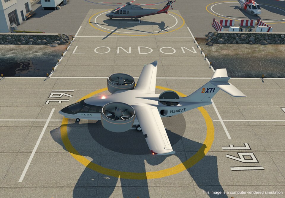 A computer-rendered simulation of the XTI Trifan 600 VTOL aircraft currently in development by XTI Aircraft Company.