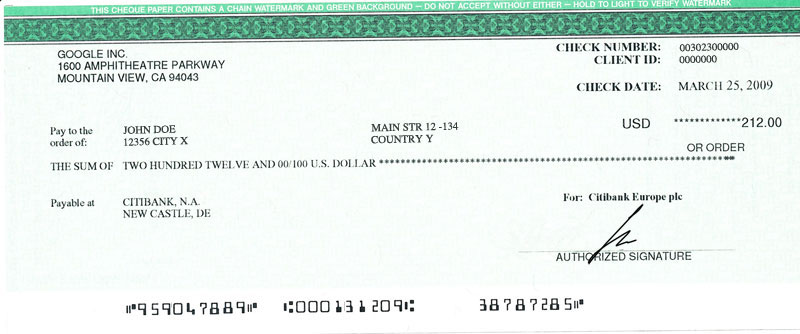Cheque from Google AdSense