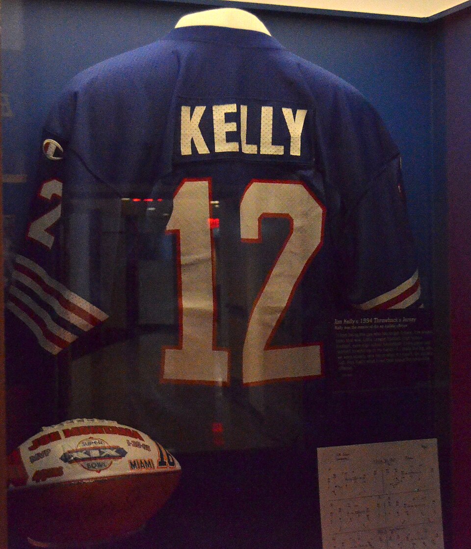1994 Jim Kelly jersey shown at Pro Football Hall of Fame in Canton, OH