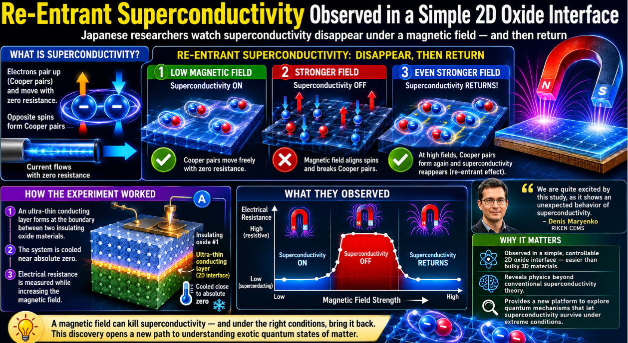 Science infographic showing how superconductivity disappears and returns under stronger magnetic fields in an ultra-thin oxide interface near absolute zero.