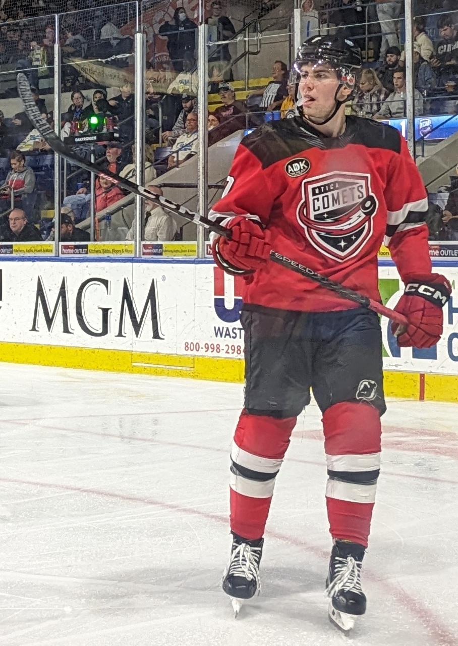 Simon Nemec playing for the Utica Comets against the Springfield Thunderbirds in Springfield, 11/17/2023