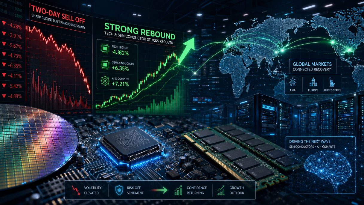 A digital finance image showing semiconductor chips, global market screens, AI network graphics, and rising stock charts after a sharp technology stock selloff.