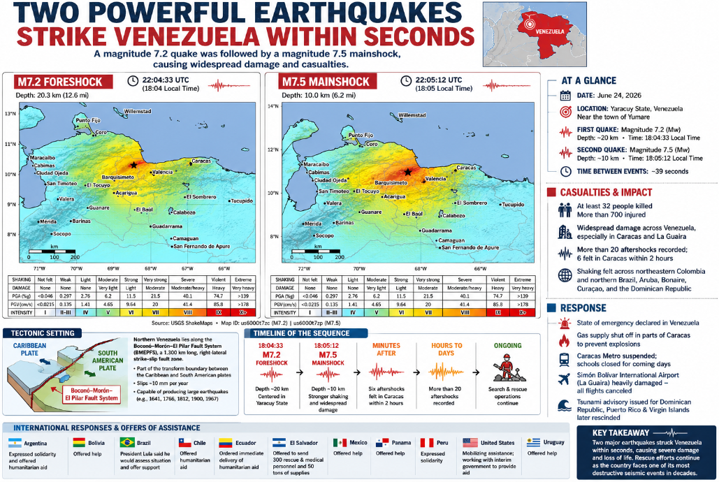 Infographic showing USGS ShakeMaps of the magnitude 7.2 foreshock and magnitude 7.5 mainshock in Venezuela, with data on Yaracuy epicenters, shaking intensity, casualties, damage in Caracas and La Guaira, aftershocks, tectonic setting, and emergency response.