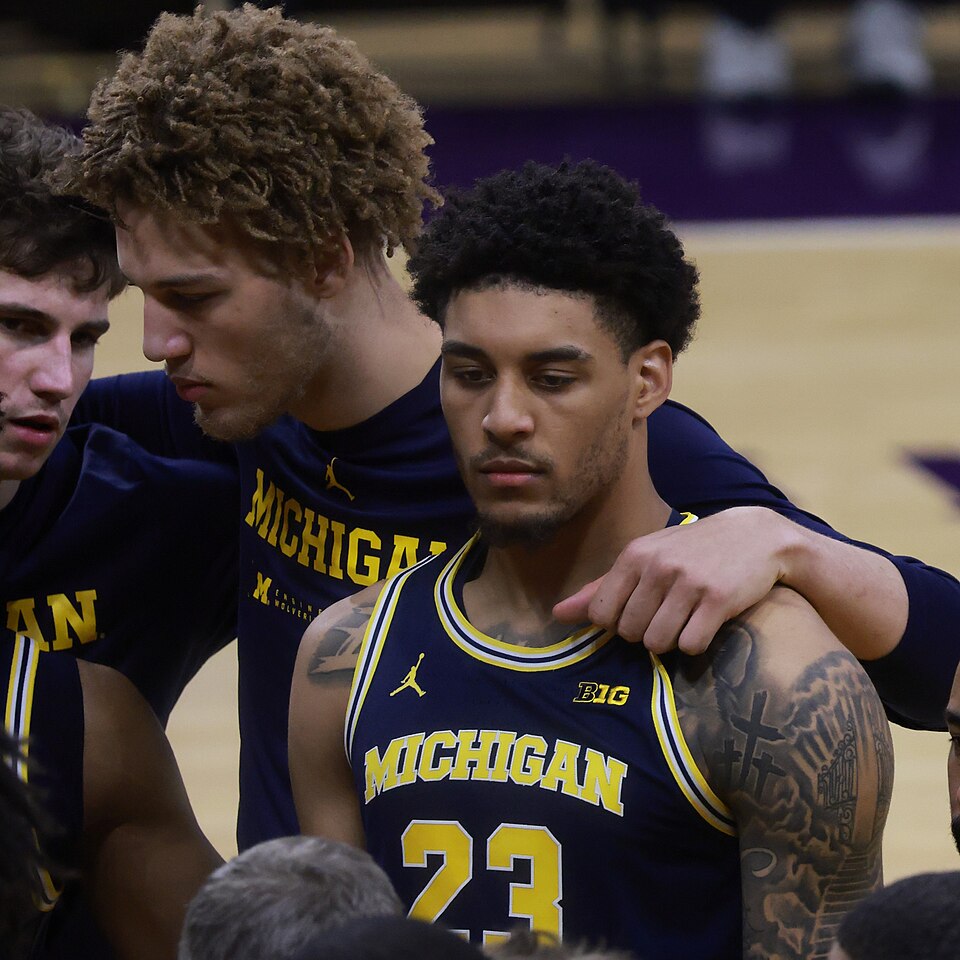 w:Yaxel Lendeborg, Malick Kordel and w:Will Tschetter at the February 11, 2026 game between the w:2025–26 Michigan Wolverines men's basketball team and the w:2025–26 Northwestern Wildcats men's basketball team at w:Welsh–Ryan Arena
