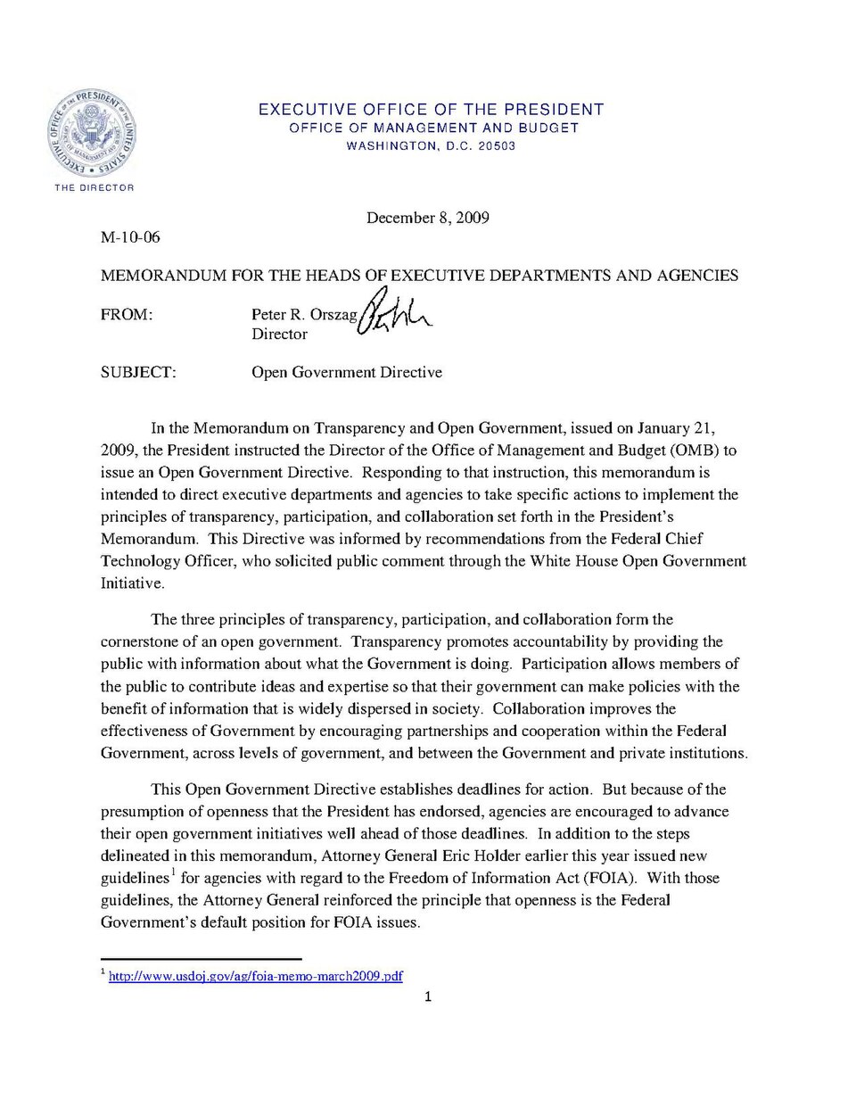 Open Government Directive - Memorandum for the Heads of Executive Departments and Agencies