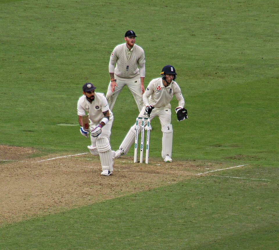 Virat Kohli batting in the 3rd Test against England at Trent Bridge, Nottingham, August 18 - 22, 2018. Jos Buttler is the wicketkeeper and Ben Stokes is fielding at slip.