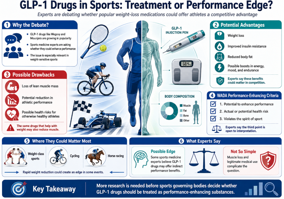 Sports medicine experts are debating whether GLP-1 drugs like Wegovy and Mounjaro could give athletes a competitive advantage or remain strictly medical treatment.