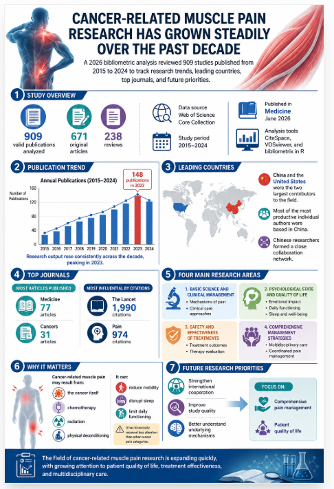 Scientific infographic explaining a 2026 analysis of 909 studies on cancer-related muscle pain, highlighting China and the United States, publication growth, top journals, and patient care priorities.